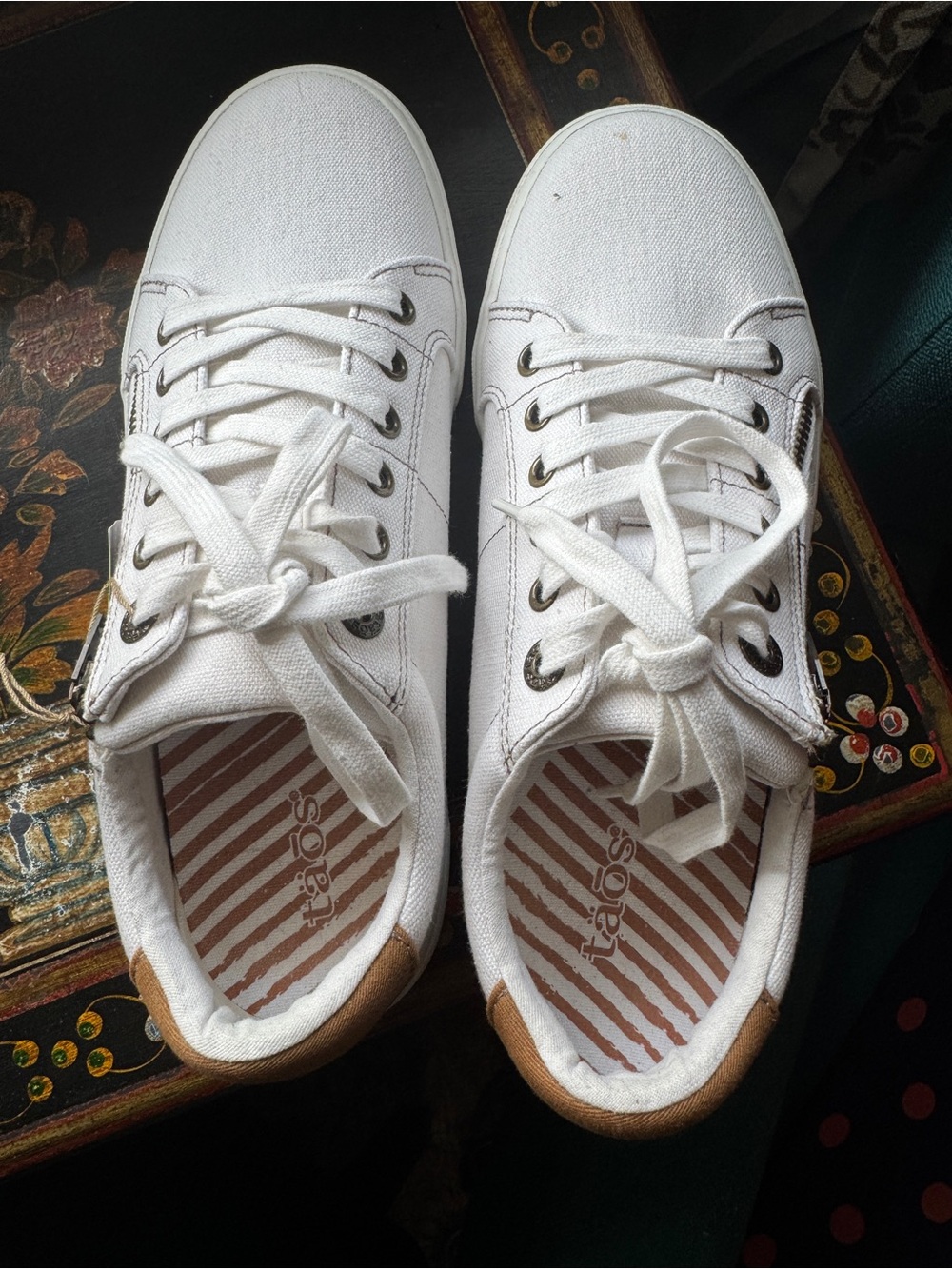 Taos Footwear White Canvas Sneakers with Tan Accents
